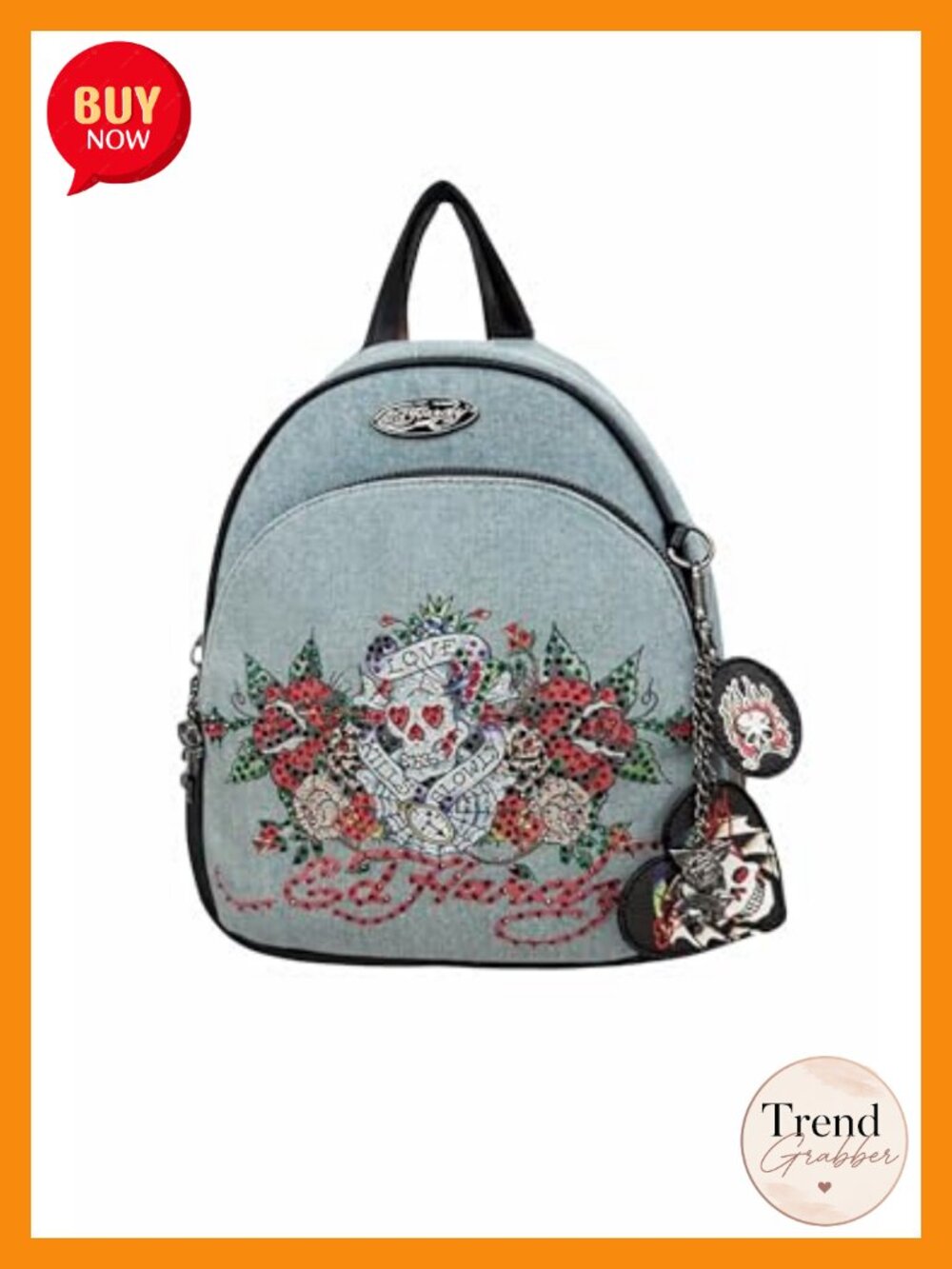 Ed Hardy Embroidered Skull Mini Backpack Women Faux Leather Adjustable Straps